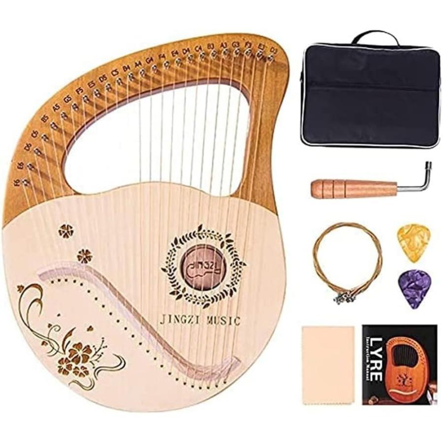 【新番24弦】 ライアー ハープセット 竪琴ハープ マホガニーソリッドウッド 心癒し 弦楽器 ポータブル 初心者向け チューニングレンチ ピック 収納袋付