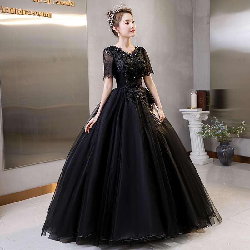 ウェディングドレスブラックマイクロカラーイブニングドレスソロホスティングパフォーマンスチュチュスカートロング女性フォトスタジオテーマ