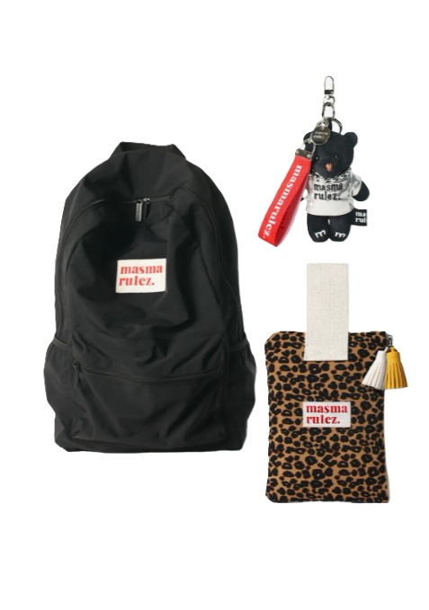 [KOREA マスマルルズ] Daily backpack_Black & Strap pouch_Leopard & BB KEYRING SET