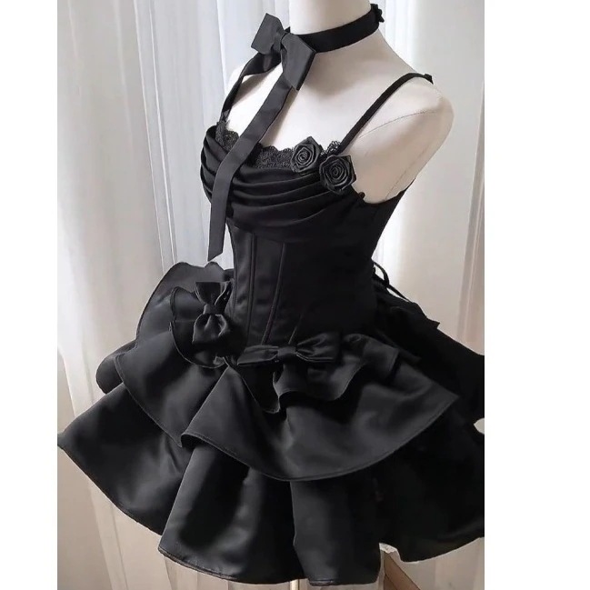 【急速発送】フレンチブラックバレエキャミソールワンピースリボンデザイン夏の新作気品ケーキプリンセスポンポンスカート秋の万能アイテム
