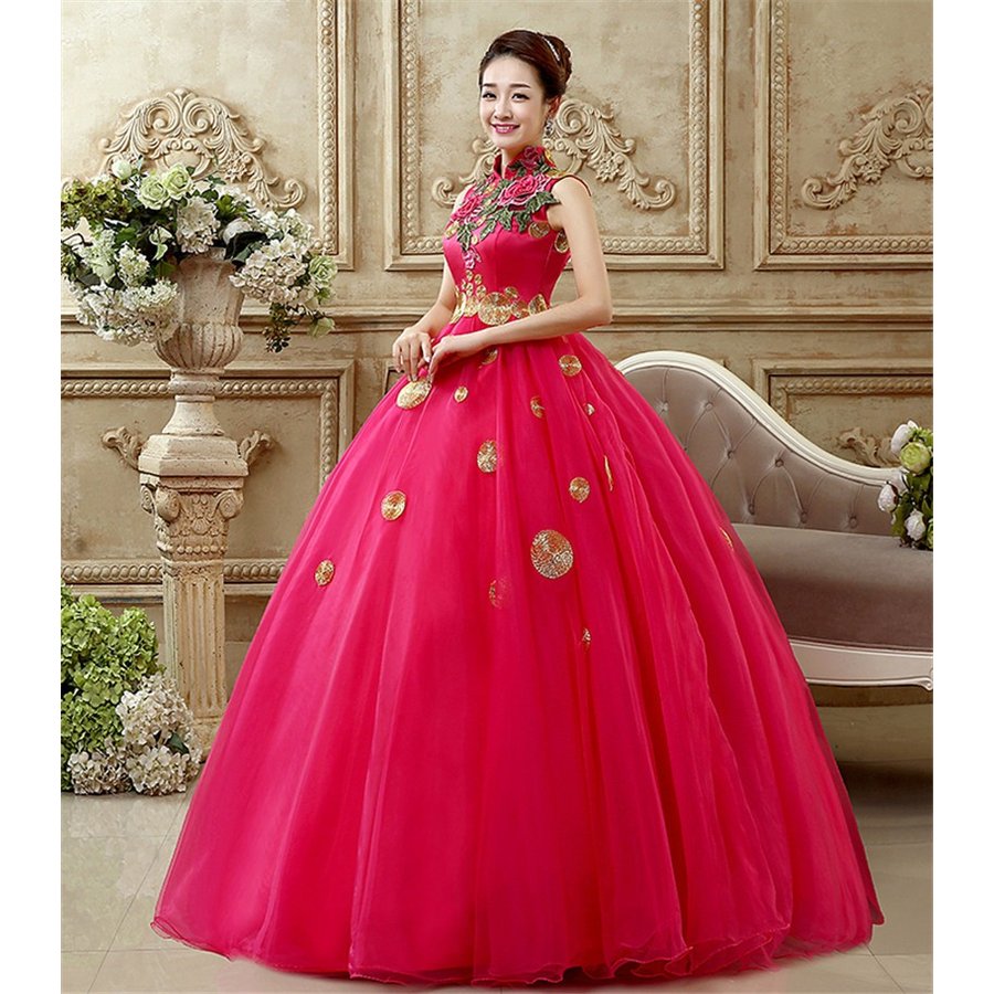 カラードレス 演奏会用ロングドレス 二次会ドレス 舞台 ステージ衣装 パーティドレス ローズ