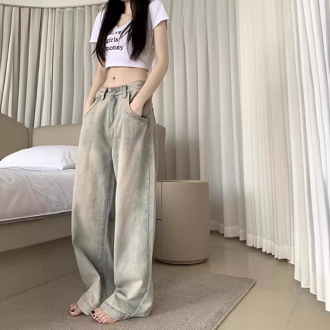 【ruida】2024 テンセルジーンズ 女性用 アメリカンスタイル スモールルーズストレートパンツ フロアモップワイドレッグパンツ