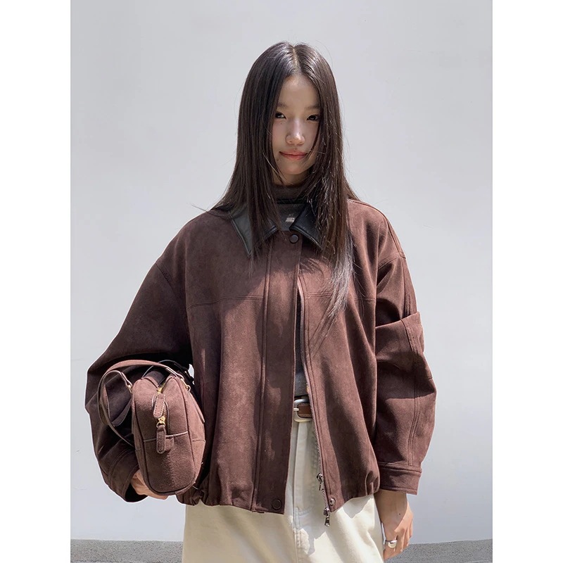 【キャラメルコーヒー】トレンチコート アメリカンスタイル レトロ 革襟 スエード調 ジャケット 2025年 秋 新作 トップス