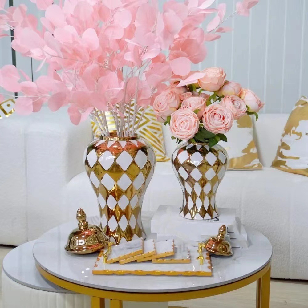 ラワーベース ゴールド 高級メッキ ダイヤ柄 2サイズ展開 高級感 セラミック お洒落 モダン ラグジュアリー ホテルライク ロビー 9,362円