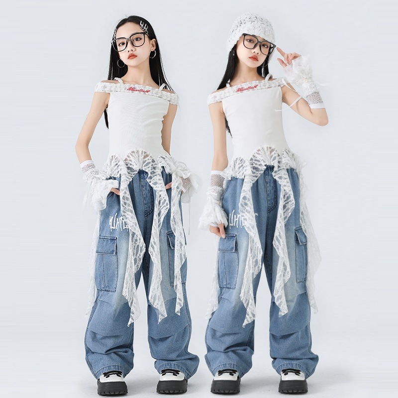 結婚式 発表会衣装 ライブ衣装 卒業式 入学式 コンサート衣装 コスプレ 成人式 コスチューム 女の子用ジャズダンス衣装ストリート系デニムセットファッションショー用ストリートダンストレンド服女の