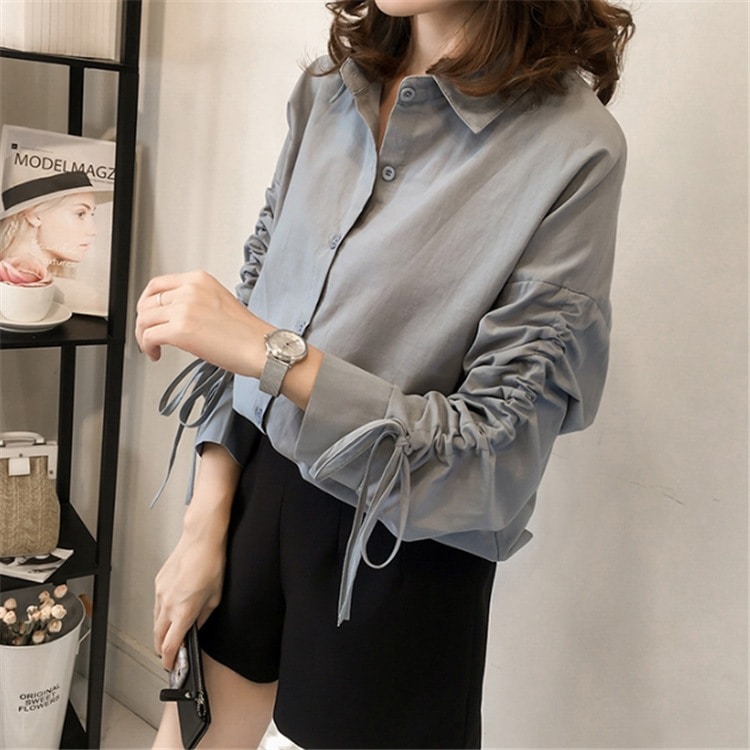 【1つ買うと10つ無料】スプリング脂肪 ゆるく汎用性の高い長袖の女性用の語のシャツ大型の甘くてファッショナブルなソリッドカラー縛られたシャツ