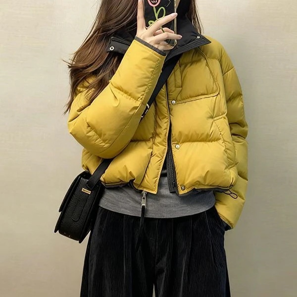 韓国系黄色の短い綿服女装2025年冬の新型百合衝突色立襟パン服保温コート
