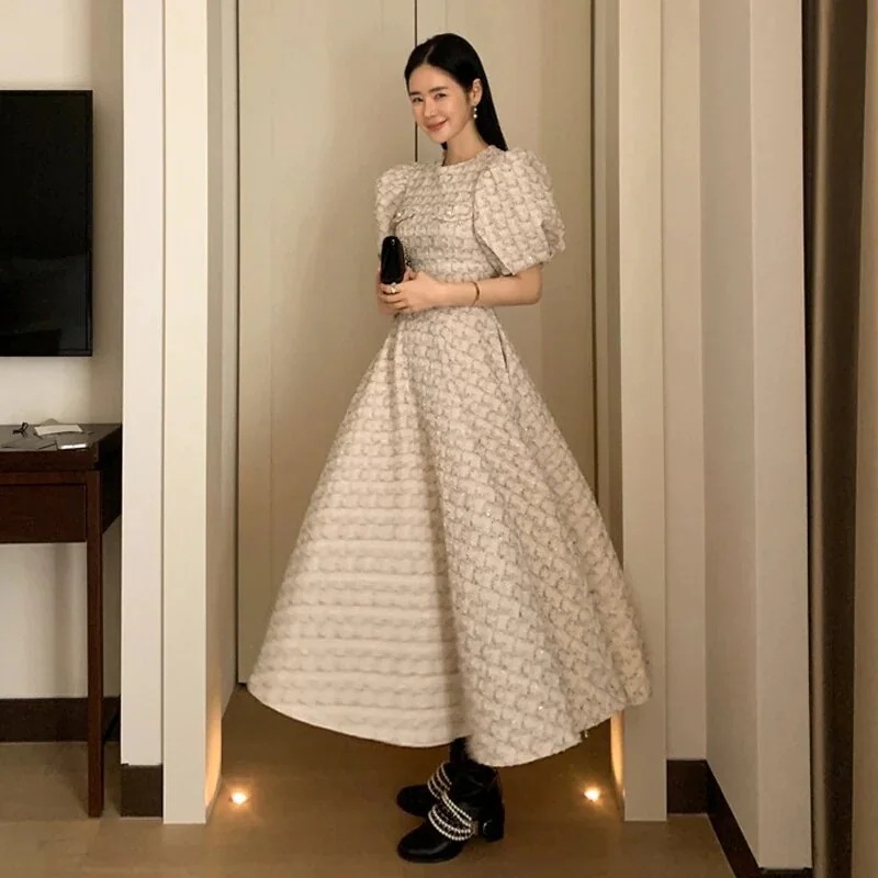 ツイードドレス パフスリーブ ラウンドネック ウエスト ドレス ワンピース 半袖ワンピ Aライ