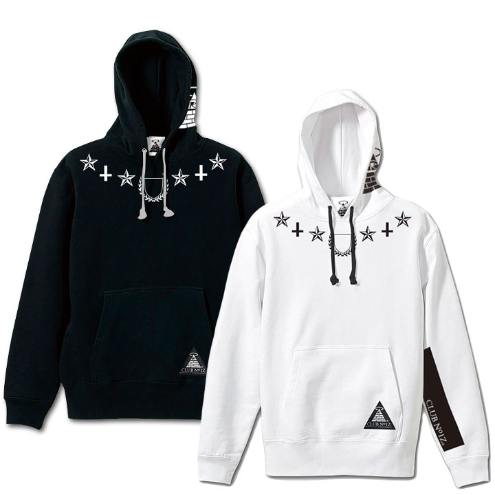 CLUB NO1Z パーカー スケボー 長袖 スウェット 裏起毛 フーディ メンズ 黒/白 大きいサイズ クラブノイズ 袖ロゴ 星 スター ロゴ 十字架 b系