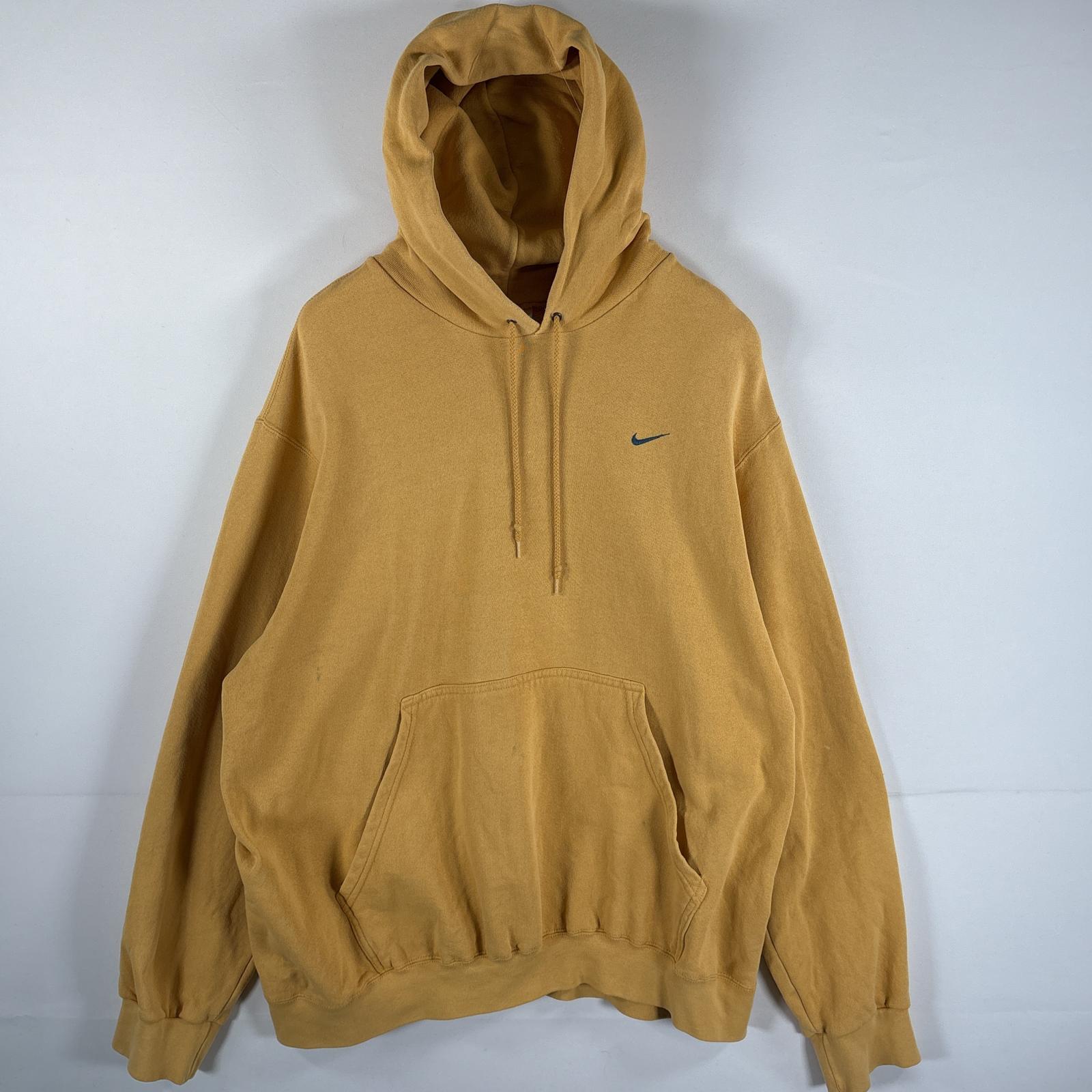 古着 90s/90年代 USA製 パーカー ワンポイントロゴ刺繍 スウッシュ マフポケット フーディー L イエロー メンズ