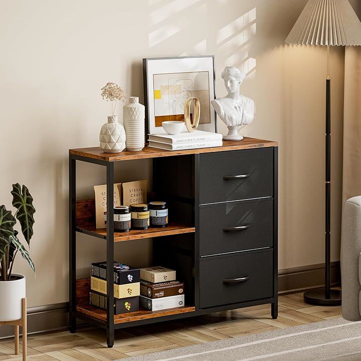 収納チェスト 棚付き 洋服タンス リビングチェスト キャビネット 布製 引き出し 箪笥リビング収納 布製引き出し 収納ケース 衣類収納 軽量 コンパクト( ブラック, 3引き出し)