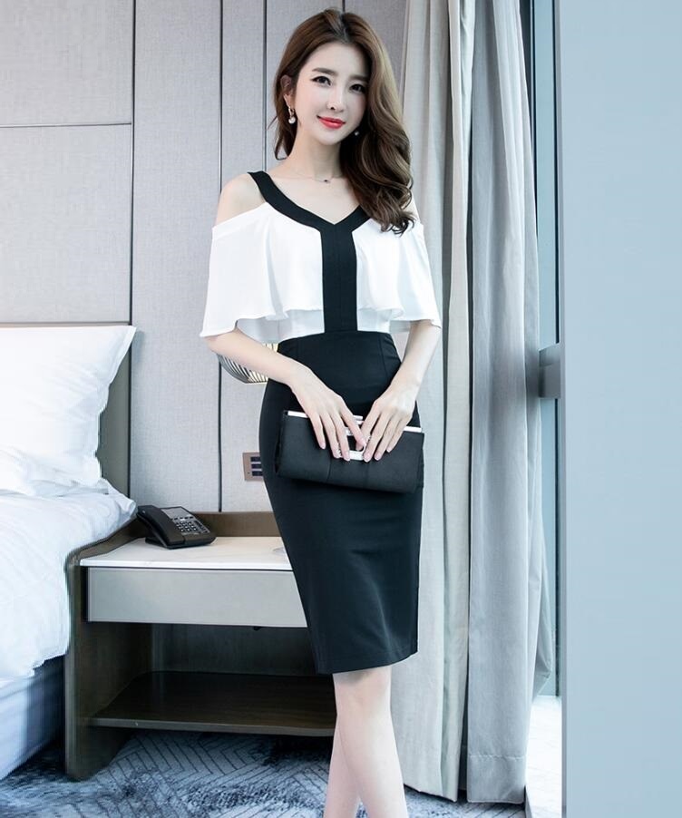 フェミニン ワンピース エレガント 優雅 タイトワンピース Vネック セクシー 黒 パーティードレス フォーマル 結婚式 二次会 ロングワンピース 膝丈 レディース 通勤 OLオフィス きれいめ 半袖