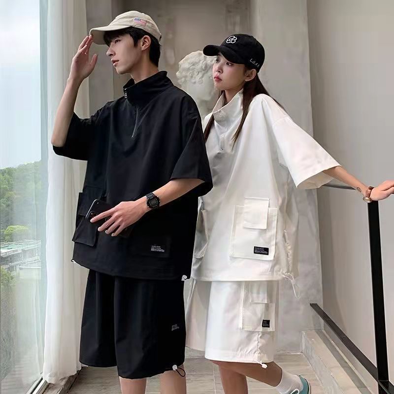 11半袖tシャツスーツメンズ夏インズゆる野郎ハンサムツーリング服セットカジュアルカップル服 r n1001- ホワイト[セット] r n1002- ブラック[セット] r n1003- カーキ【セッ