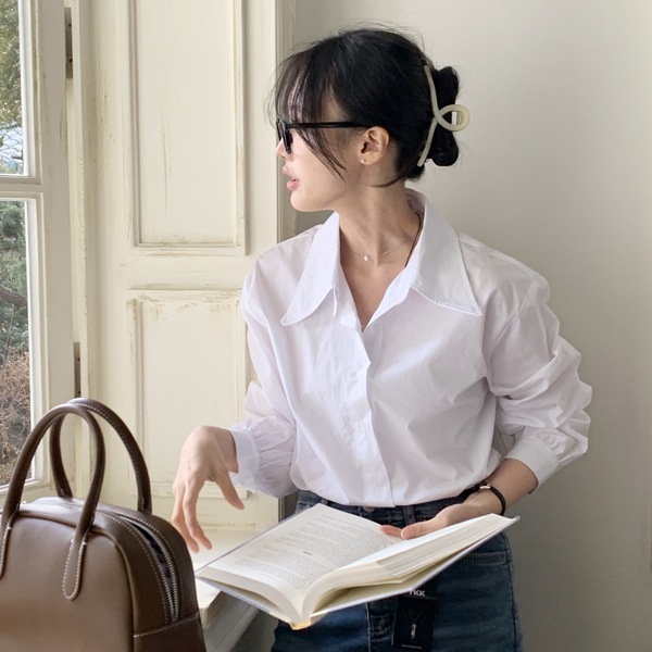 韓国ファッション ベーシック ビッグカラー パフ袖 コットン ブラウス