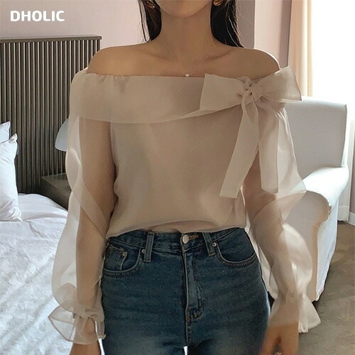 [メガ割りSALE]オーガンジーリボンオフショルブラウス