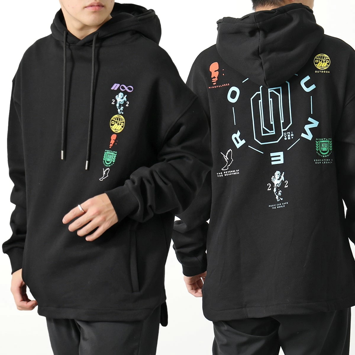 NUMERO 00 ヌメロ フーディー UNIVERSE HOODIE 22165 メンズ スウェットシャツ ユニバーサル 長袖 裏起毛 オーバーサイズ BLACK