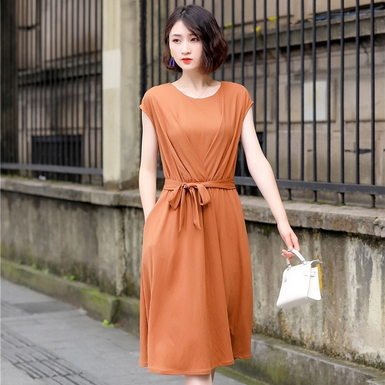 1975.ウエストリボンフレアドレス（ブラウン）2019 春夏 sale 春夏 sale ワンピース フリル 半袖 エレガント お呼ばれ パーティー 結婚式 披露宴 女子会 レストラン デート