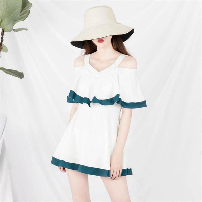 【急速出荷!】レディース 水着 ワンピース水着 女性 ビーチウェア ボートネック 白 無地 イベント 旅行 インナーパンツ付き 水泳 海辺 夏 可愛い 女子水着 ポイントの使用