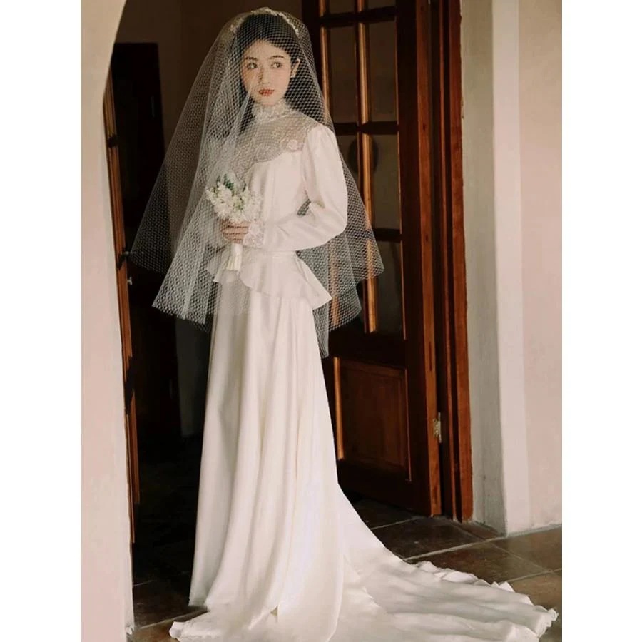 ウェディングドレス ウエディングドレス 二次会 結婚式 前撮り ブライダル ロングドレス 花嫁 スレンダードレス ハイネック 白 ビンテージ風 長袖 レトロドレス 海外挙式 フォトウェディング オフホ