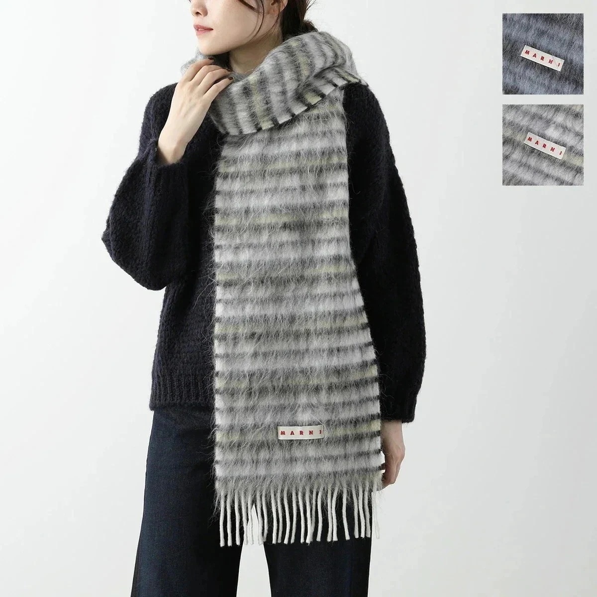 MARNI マルニ マフラー SCMC0127Y0 UAW040 レディース ロゴ ボーダー フリンジ ストール ウール モヘア アルパカ カラー2色