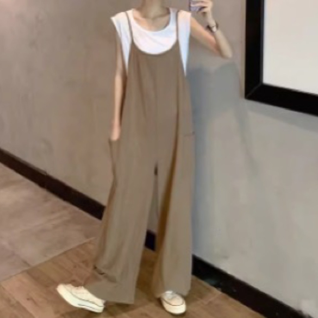 レディース パンツ オールインワン 丈長 フルレングス 袖なし ノースリーブ ワイド オーバーサイズ ポケット かわいい 大人可愛い シンプル カジュアル おしゃれ こなれ感 ラフ 主役級 抜け感