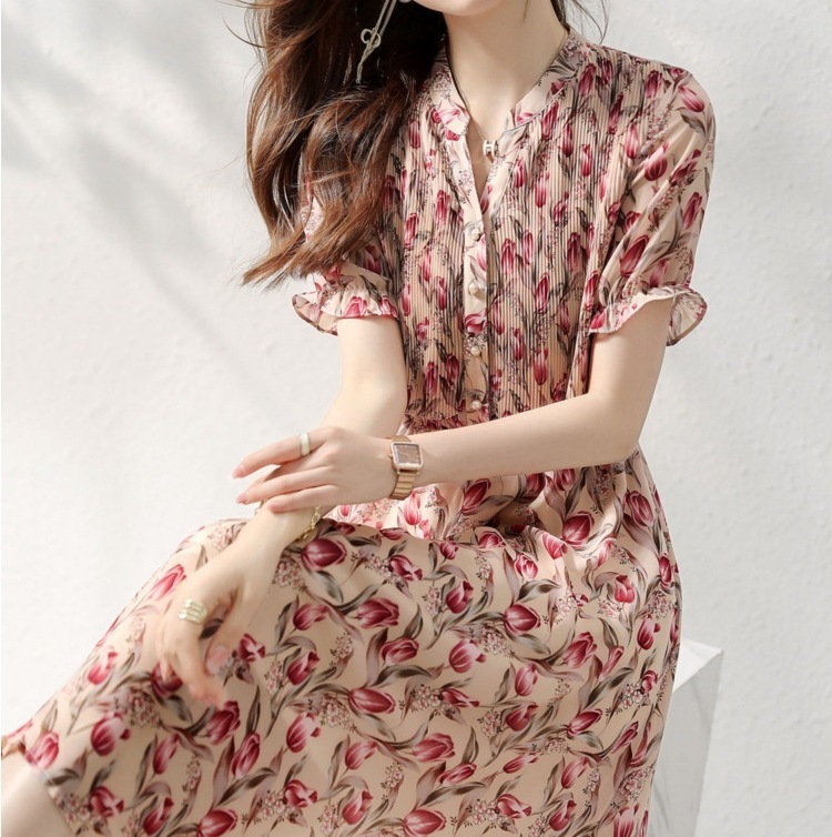 チューリッププリントシフォン シフォンワンピース スカート ワンピース プルオーバー オールインワン ロングスカート フレアスカート 膝下 ロング ロング丈 7分丈 ミディアム丈 袖あり 半袖 5分袖