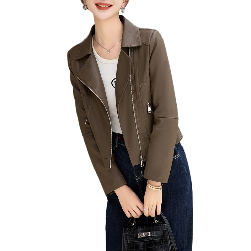 レザーコートレディース新作秋冬モダンカジュアルショート丈レザートップス 柔らかい皮質 防風防水 OL通勤コート着 開襟ジャケット