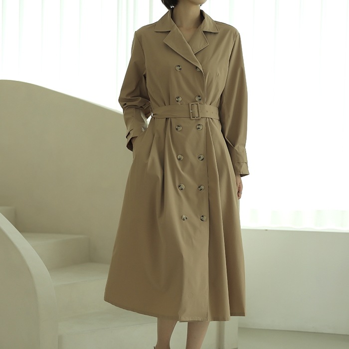 [韓国ファッション] ベルト付き バックゴム付き センターWタック トレンチコート 4,359円