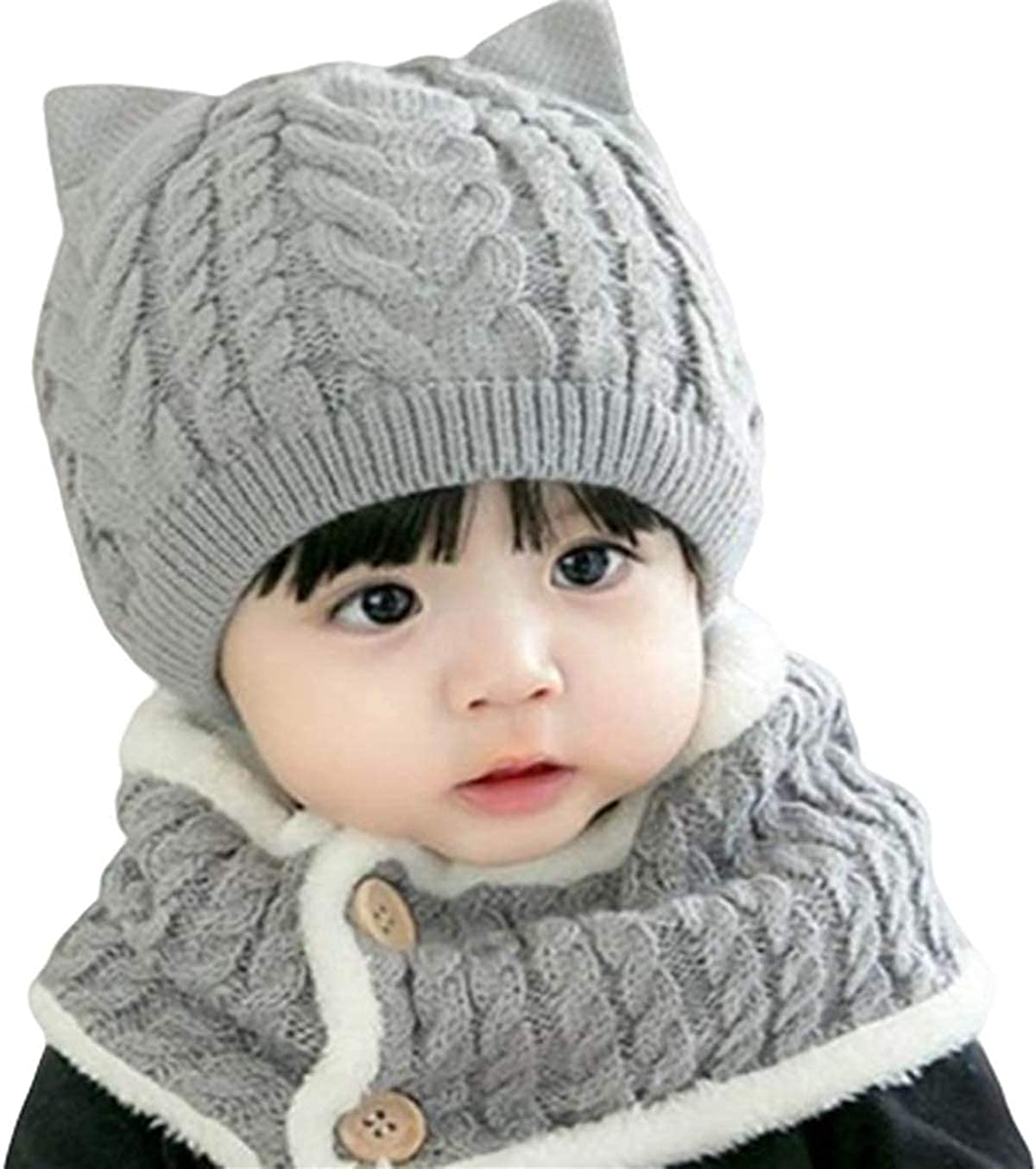 『2年保証』 haosベビー帽 2点セット フリーサイズ 5色 マフラー 帽子 赤ちゃん 耳付き ニット帽 あったか セット ネックウォーマー ベビー手袋