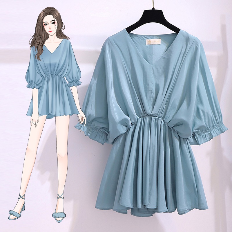 個性派 トップス シャツ ブラウス カットソー チュニック ミニスカート ミニ ミニ丈 袖あり 半袖 5分袖 五分袖 パフスリーブ Vネック 襟なし フレア Aライン ひらひら ヒラヒラ フリル