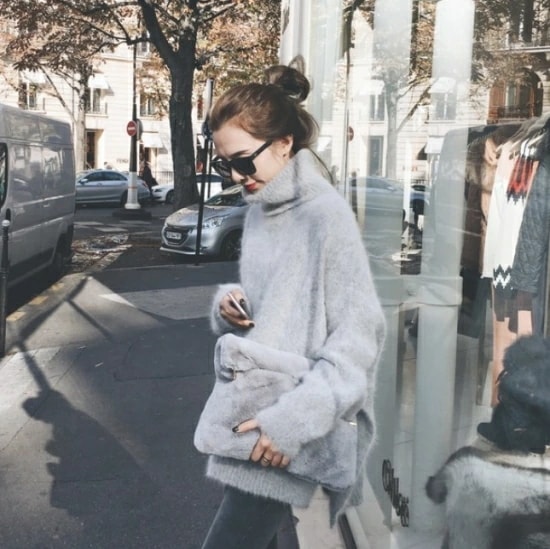 2019年 秋冬 ニット トップス レディース ワンサイズ 2色 アイスグレー ベージュ チュニック フェイク モヘア ハイネック きれいめ 上品 トレンド 長袖 セーター おしゃれ かわいい 大人