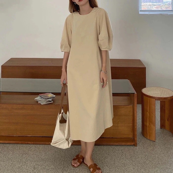 【20点セット】ボリューム袖 ワンピース 半袖 Aライン レディース ミモレ丈ワンピース 夏 キレイめ ぽわん袖 ロングワンピース ミモレ丈 ゆったり 大人可愛い パフスリーブ 無地 カジュアル シン