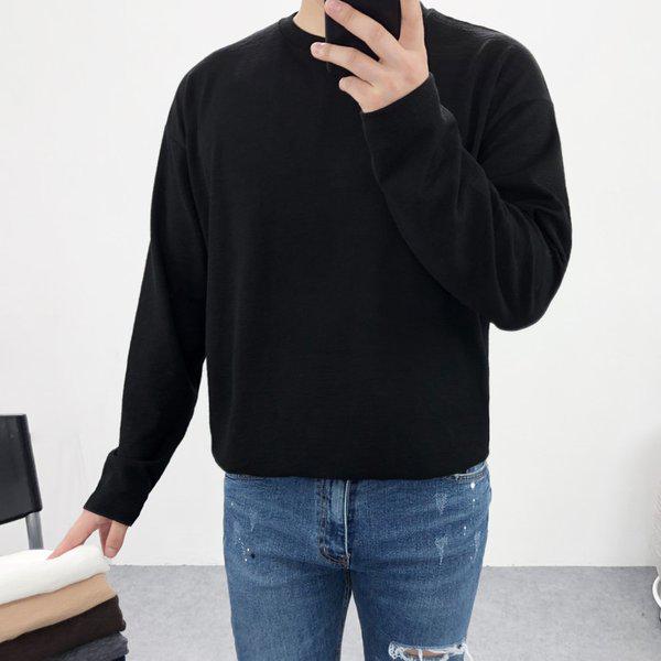メンズ オーバーサイズ しわ防止 リンクルフリー ボカシ スパン ラウンド 長袖Tシャツ