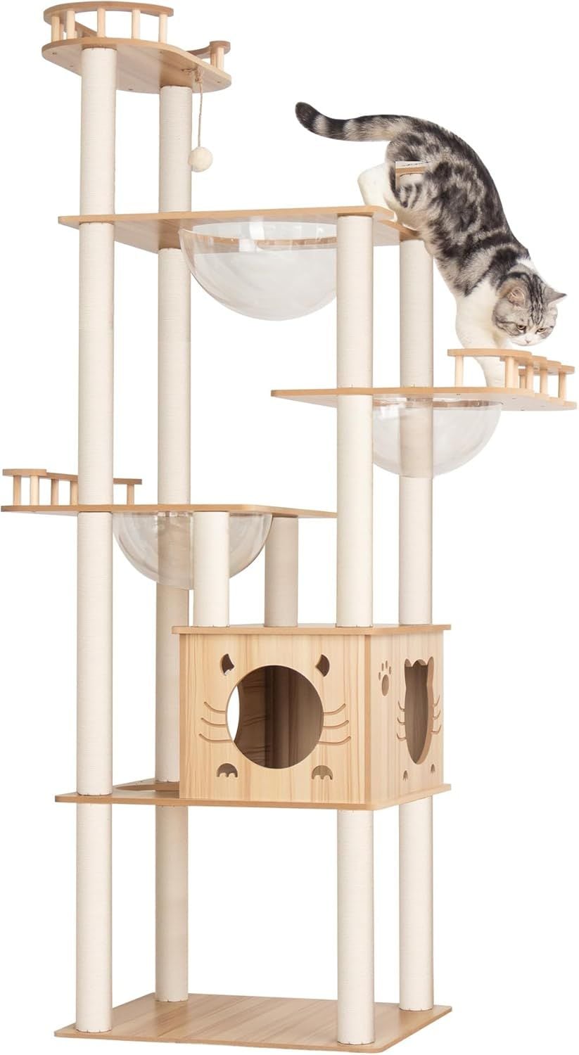 キャットタワー 木製 据え置き 大型 おしゃれ 高さ185 キャットタワー 多頭飼い 高級 スリム 猫タワー 宇宙船ボウル 大型猫 中型 猫 爪研ぎポール キャットツリー 宇宙船3個 クリアボウル 隠