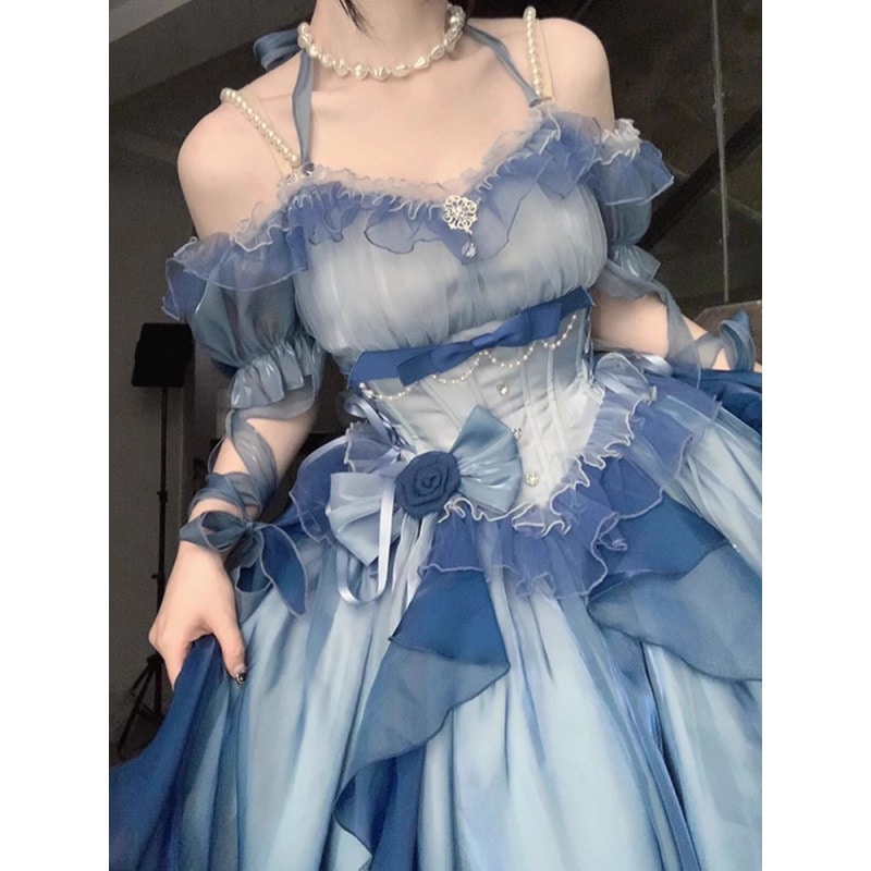 フランスの高級イブニングドレス青い花柄のウェディングロリータドレス超妖精のようなプリンセスロリータボールガウン妖精のドレス