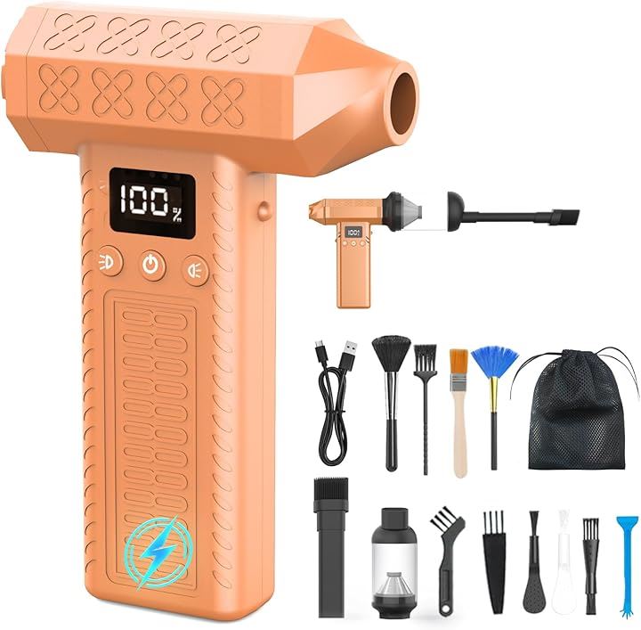 1台2役300000rpm電動エアダスター・15000paミニ掃除機・3段風量調整超強力 最大風速92m/s 小型 洗車ブロワー ハンディ掃除機 2個LEDライト付き(くるみいろ)