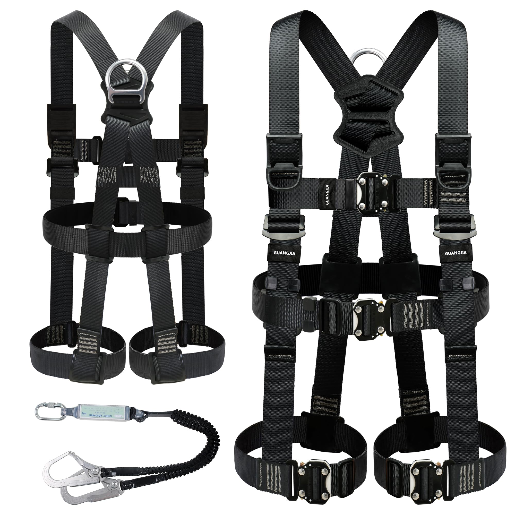 [GUANGJIA] 新規格 フルハーネス安全帯 セット 脱着簡単 腹部と胸と脚ワンタッチバックル ハーネス安全帯 ランヤード付き 2丁掛 墜落制止用器具 高所作業用 電気工事 落下防止