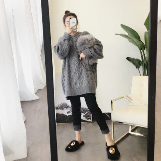 【取寄：納期2週間】ニットトップス レディース ニット セーター トップス ゆったり ルーズシルエット ケーブル編み ラウンドネック 長袖 カジュアル お出掛け おしゃれ 秋冬 厚手 暖かい