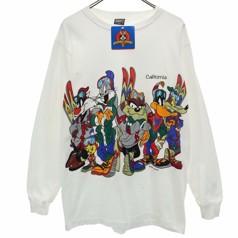 シェリーズ 90s 未使用 ルーニーテューンズ USA製 ワーナーブラザーズ デッドストック プリント 長袖 Tシャツ L ホワイト系 SHERRY’S ロンT タグ付き メンズ