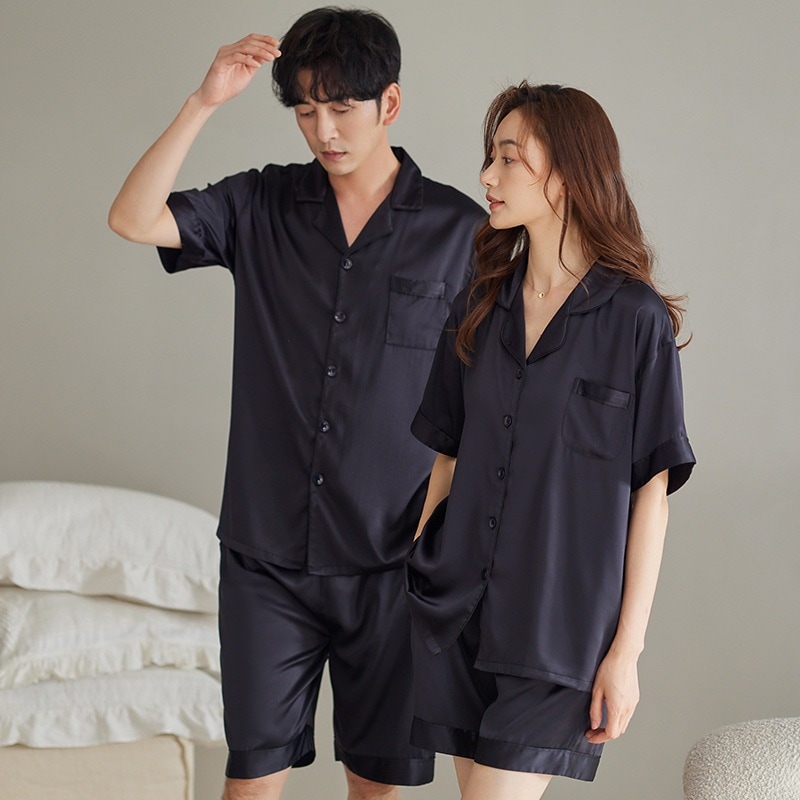 アイスシルクカップルパジャマ男女兼用夏半袖ショーツホーム服薄いセクシーな純粋な欲望のシニアスーツ