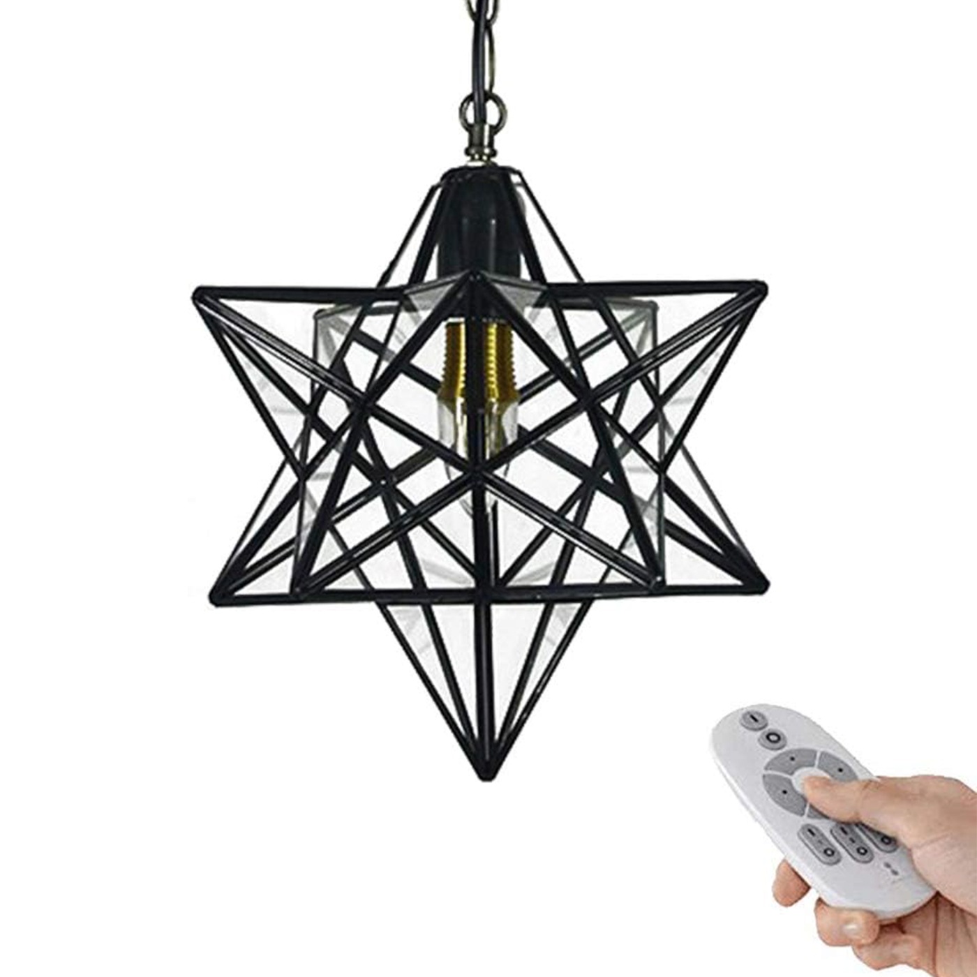 ペンダントライト スター 星デザイン 星型 チェーン 1灯 工事不要 引っ掛けシーリング式 E26口金 LED対応 天井照明 インテリア (クリア 黒枠)モコン付き 電球1個付き
