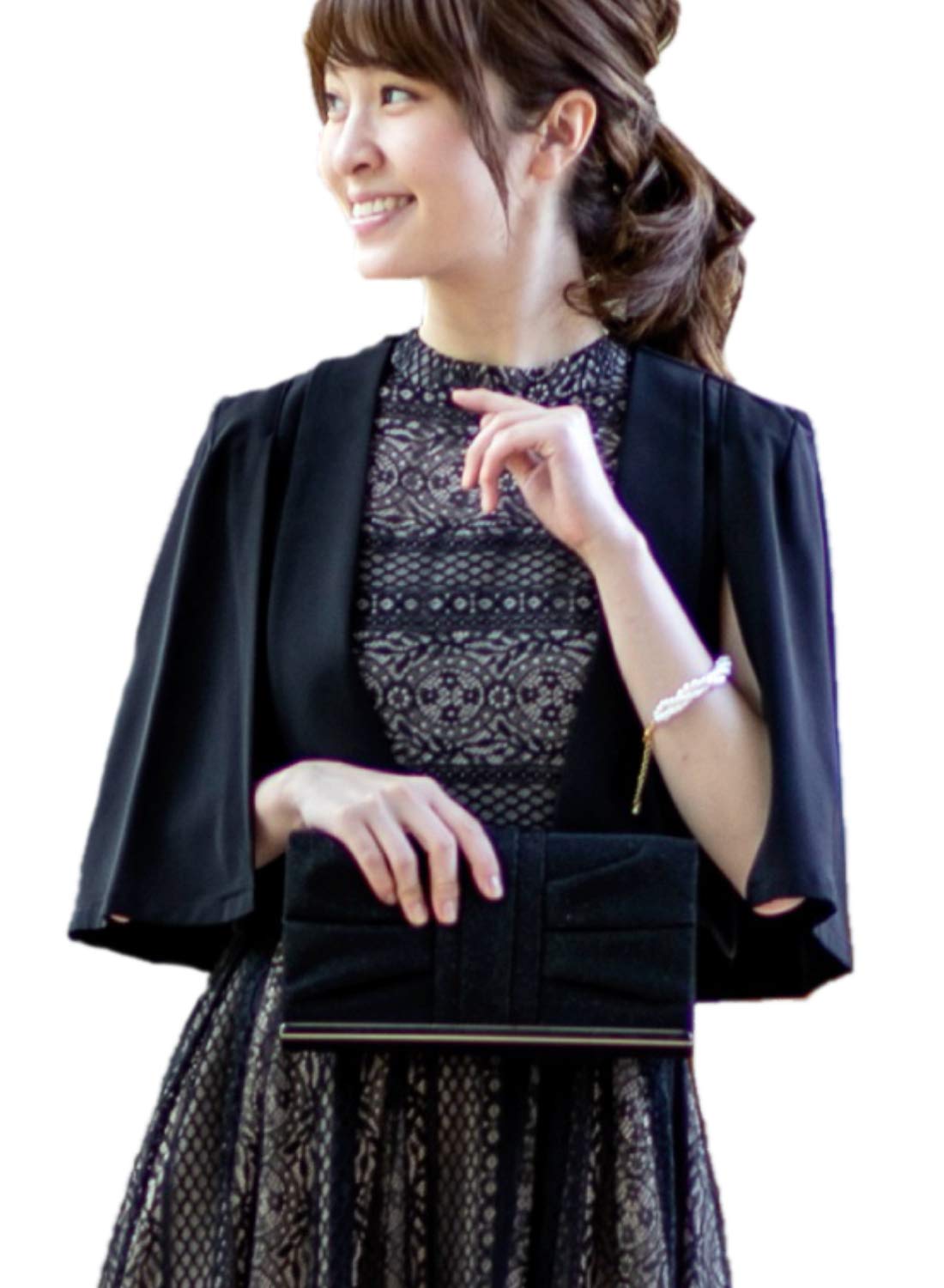 [アウニイ] 結婚式 ノーカラージャケット レディース パーティー ボレロ ジャケット マント 袖口 フォーマル ジャレロ カーディガン 羽織り 体型カバー