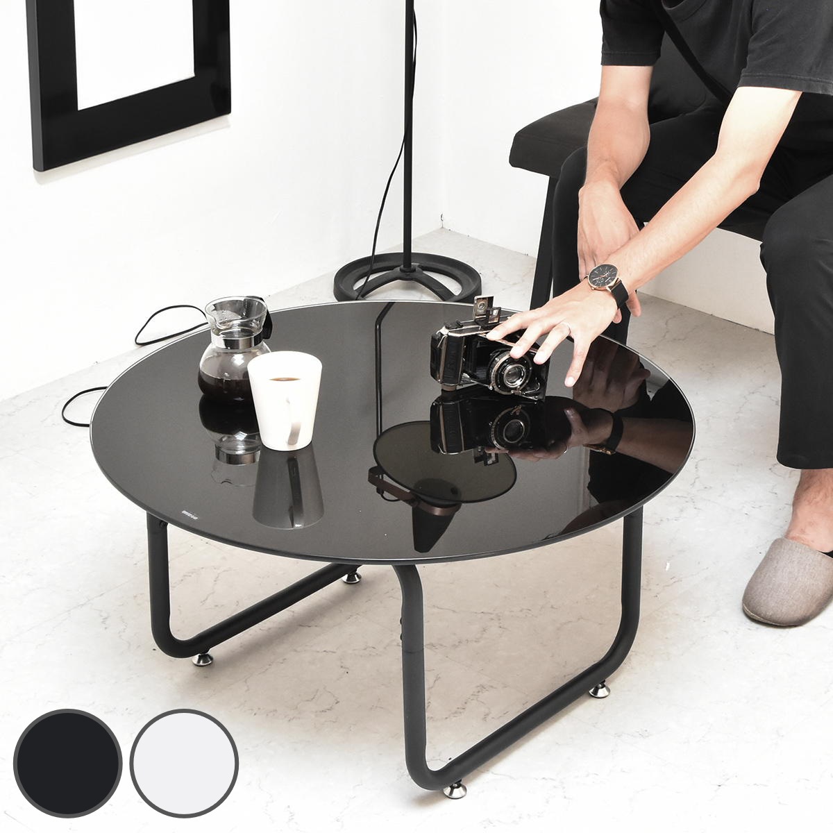 リビングテーブル 円型 直径75cm ガラス天板 ROND 丸 ラウンド ローテーブル センターテーブル テーブル 強化ガラス 簡単組立 シンプル モノトーン スタイリッシュ 10,853円