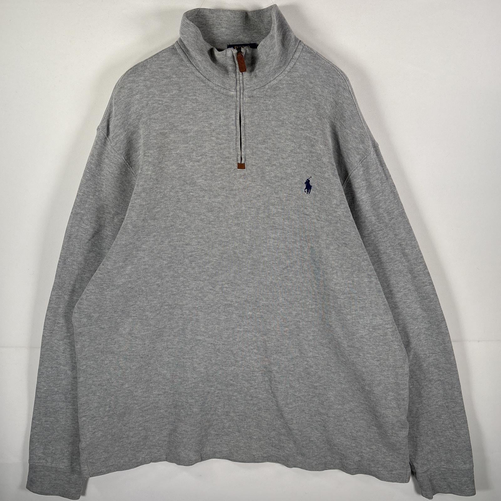 古着 ニット ワンポイント刺繍ロゴ ハーフジップ 厚手 XL グレー メンズ
