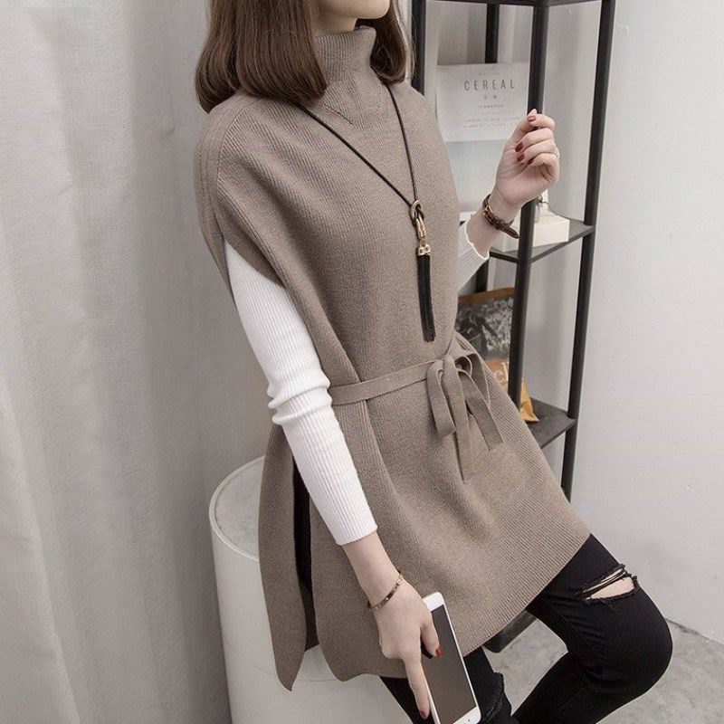 【No.1 人気商品】 2点セット 大人らしい ボウタイ ベルト付き ハーフネック レディース ベスト+ニットセーター 秋 冬 レディース