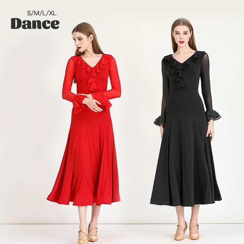 特別価格レディース ダンスドレス ロングドレス 赤 黒 2色 フリル モダンダンス ワルツ 優しい シェップ ストレッチ ステージ 団体 試合 イベント パーティー S M L XL