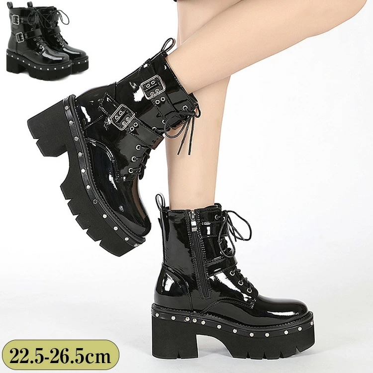 ショートブーツ レディース 厚底ショートブーツ ブーツ 編み上げブーツ レースアップ 太ヒール サイドジップ 歩きやすい 幅広　 ミドルブーツ 春 秋用 通勤 お出かけ 旅行用