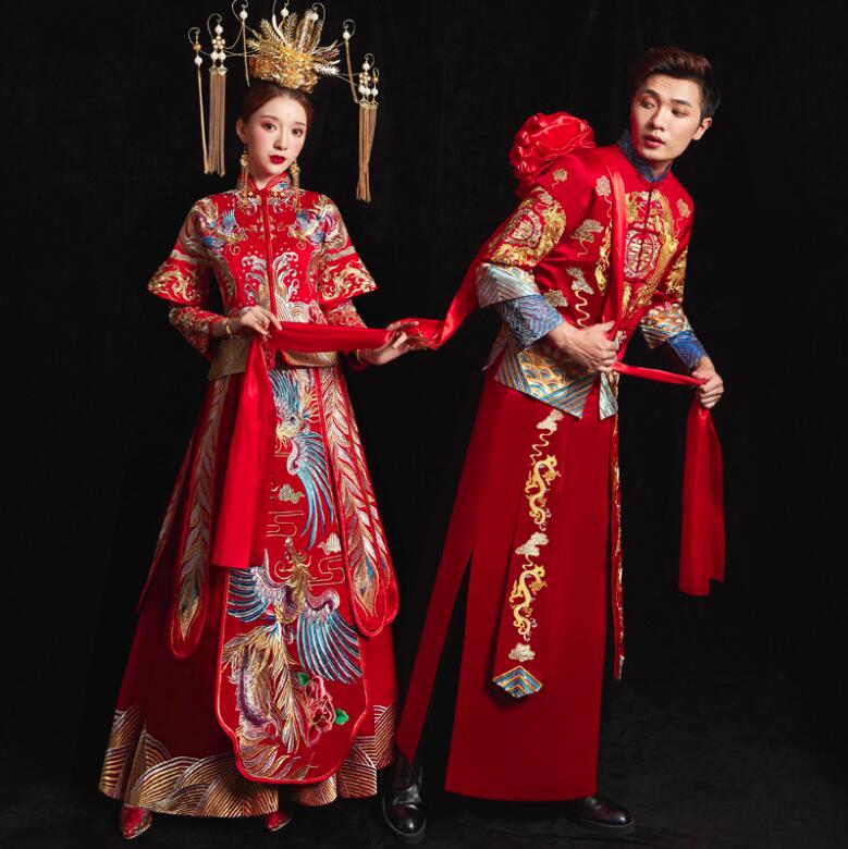 中華服 チャイナドレス 大人 女性 男性 中国風 ウエディングドレス 中華ドレス 花嫁 新郎 新婦 結婚式 チャイナ服 上下セット 長袖 牡丹 鳳刺繍 華やか チーパオ 舞台 ステージ衣装 コス
