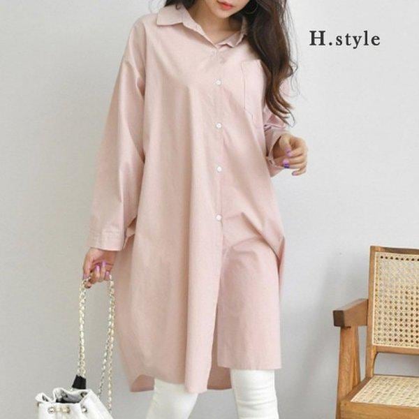 HスタイルJBベラロングシャツ/秋/長袖/シャツ/シャツ/NB/ブラウス/ルーズフィット/ロングシャツ