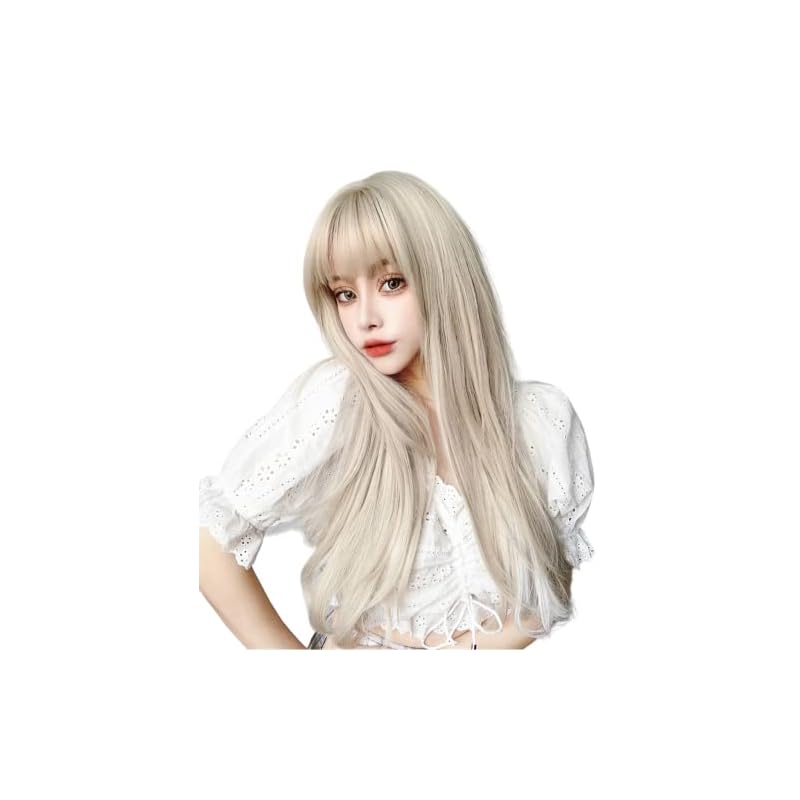 Sizuuenn 女性用 ロングストレートヘア マイクロボリューム ポイントプラチナ ウィッグ 耐熱ウィッグ 高温ヘア糸 コスプレかつら 専用ネット イベント 学園祭 文化祭 撮影用 変装用